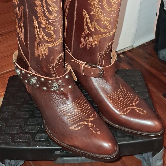 NWB Women's Polo Ralph Lauren Brown Studded Leather Western Cowboy Boots Size 8 - Picture 1 of 5
